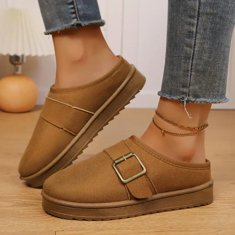 Fashion Metal Buckle Decoration Cotton Slippers Women 2025 Winter Warm Short Plush Indoor Slides Soft Thick Bottom Fur Slippers