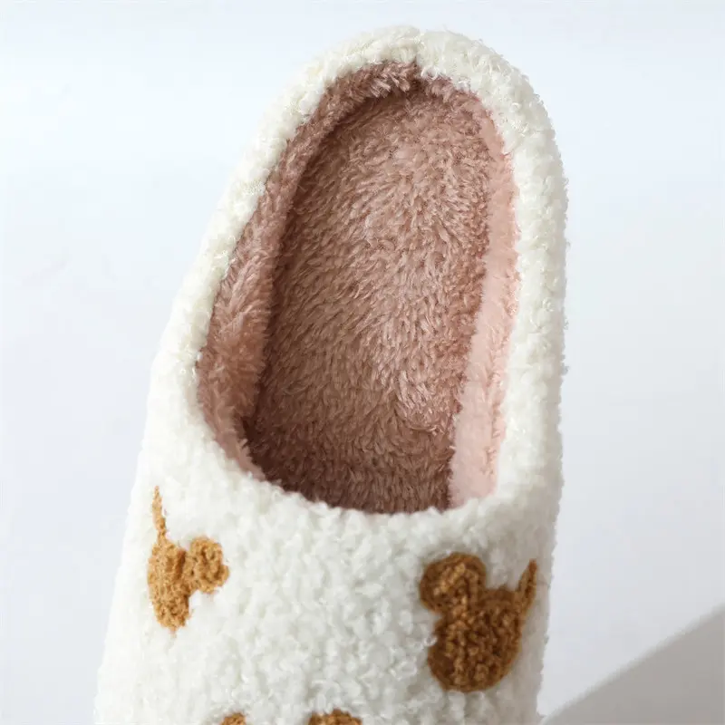 Cute Color Blocked Bear Soft Cotton Slippers Women 2025 Winter Warm Short Plush Couple Slides Comfort Non Slip Indoor Slippers