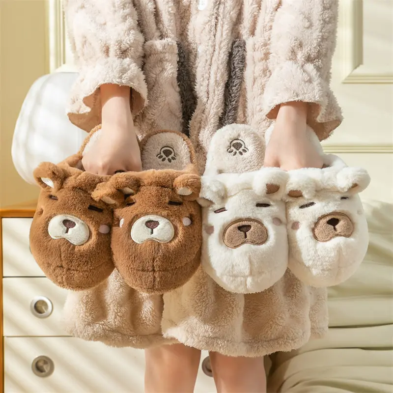 Cartoon Plush Bear Cotton Slippers Women 2025 Winter Warm Faux Fur Thick Bottom Slippers Comfort Non Slip Couple Indoor Slides