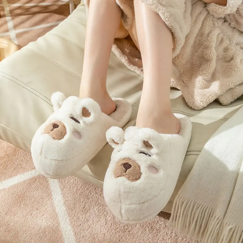 Cartoon Plush Bear Cotton Slippers Women 2025 Winter Warm Faux Fur Thick Bottom Slippers Comfort Non Slip Couple Indoor Slides