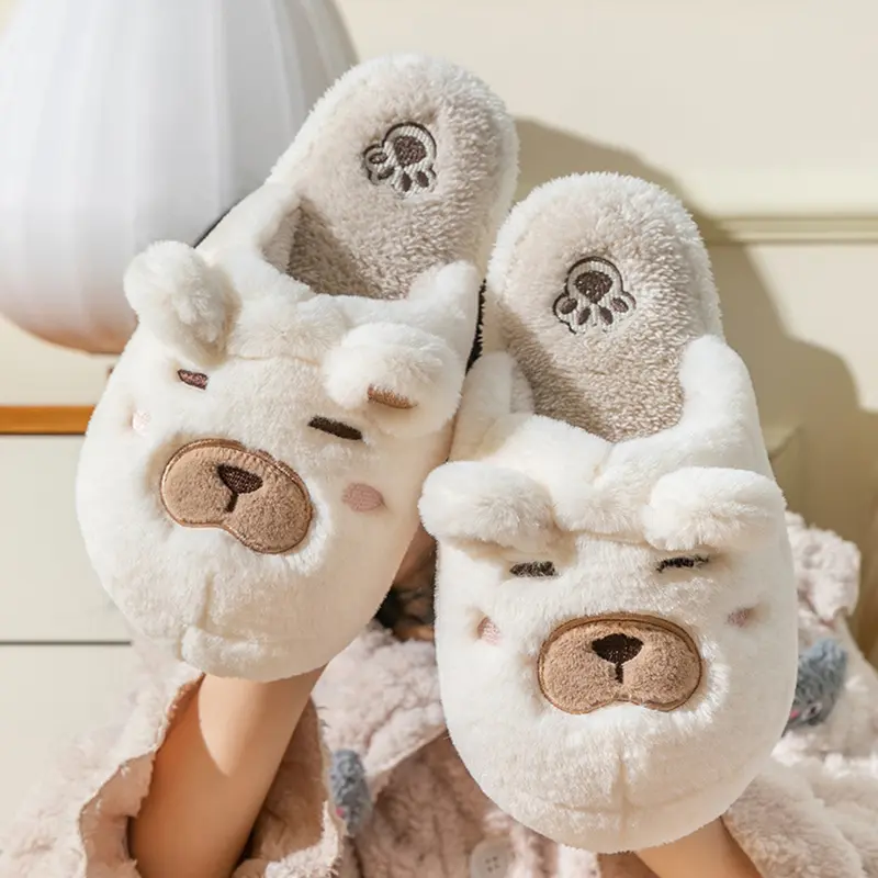 Cartoon Plush Bear Cotton Slippers Women 2025 Winter Warm Faux Fur Thick Bottom Slippers Comfort Non Slip Couple Indoor Slides