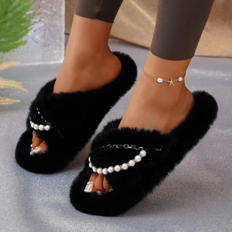 Luxury Pearl Chain Fur Slippers Women 2025 Winter Fashion Cross Strap Non Slip Indoor Furry Slides Soft Short Plush Slippers