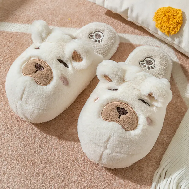Cartoon Plush Bear Cotton Slippers Women 2025 Winter Warm Faux Fur Thick Bottom Slippers Comfort Non Slip Couple Indoor Slides