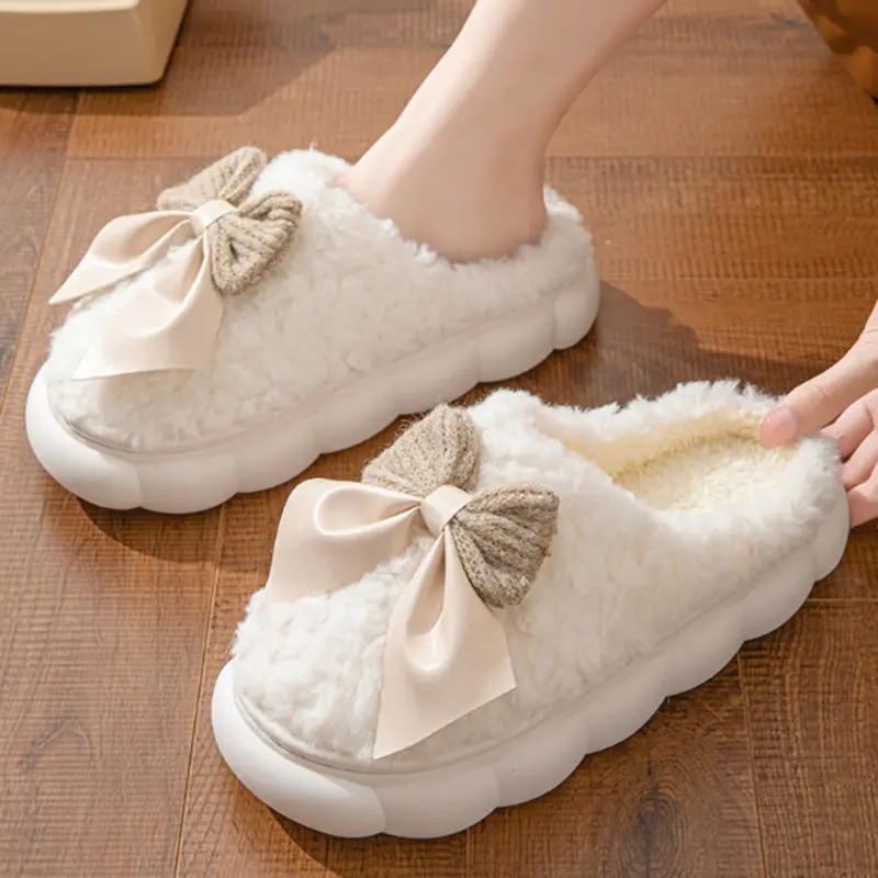 Sweet Bowknot Furry Indoor Slippers Women 2025 Winter Comfort Non Slip Home Cotton Slippers Warm Fluffy Fur Slides for Woman