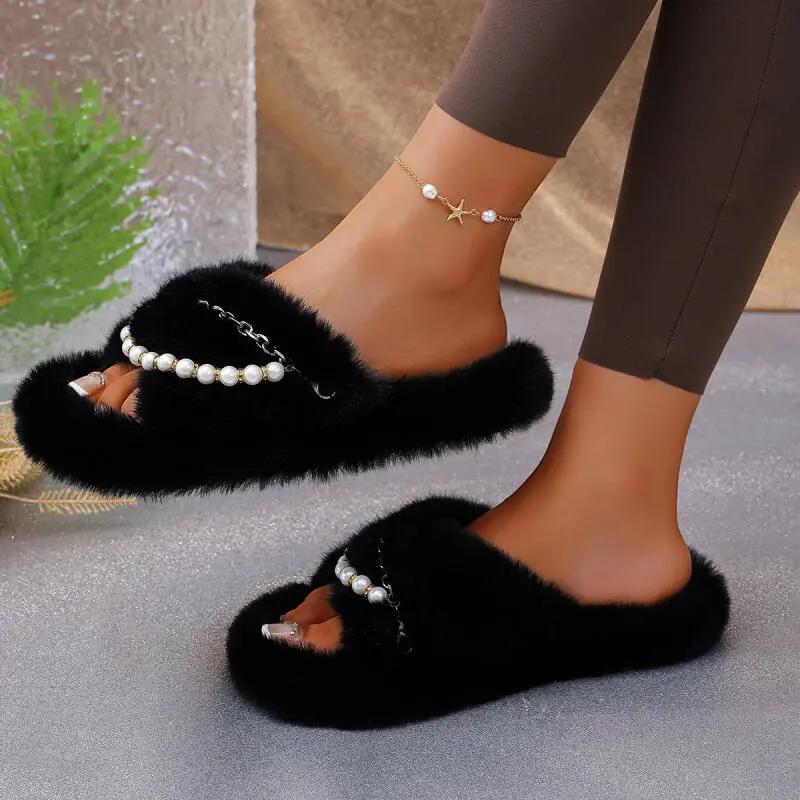 Luxury Pearl Chain Fur Slippers Women 2025 Winter Fashion Cross Strap Non Slip Indoor Furry Slides Soft Short Plush Slippers