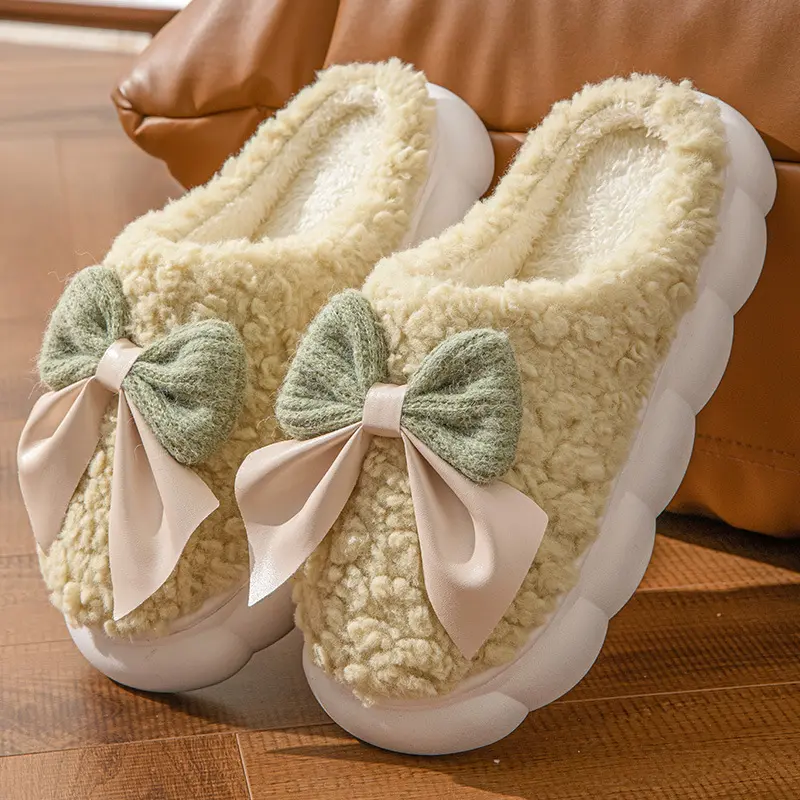 Sweet Bowknot Furry Indoor Slippers Women 2025 Winter Comfort Non Slip Home Cotton Slippers Warm Fluffy Fur Slides for Woman
