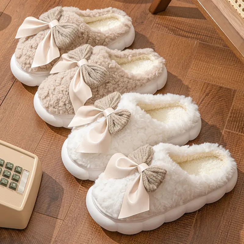 Sweet Bowknot Furry Indoor Slippers Women 2025 Winter Comfort Non Slip Home Cotton Slippers Warm Fluffy Fur Slides for Woman