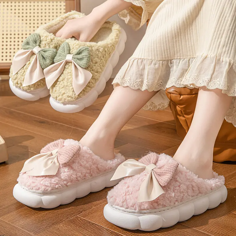 Sweet Bowknot Furry Indoor Slippers Women 2025 Winter Comfort Non Slip Home Cotton Slippers Warm Fluffy Fur Slides for Woman