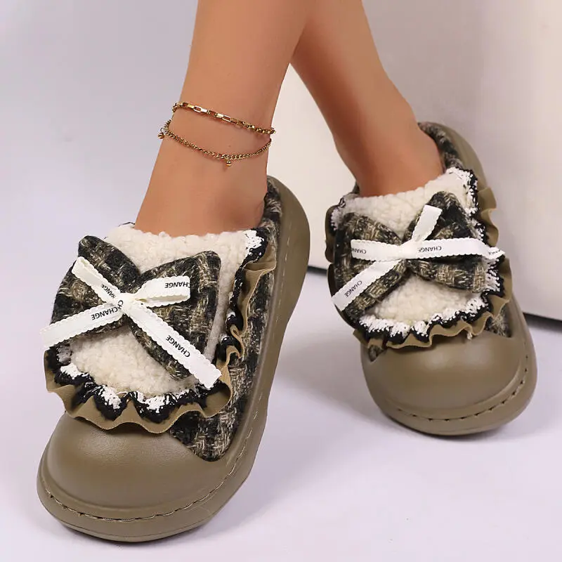 Mix Color Suede Indoor Slippers Women 2025 Winter Sweet Bowknot Furry Slippers for Women Soft Thick Bottom Non Slip Home Slides