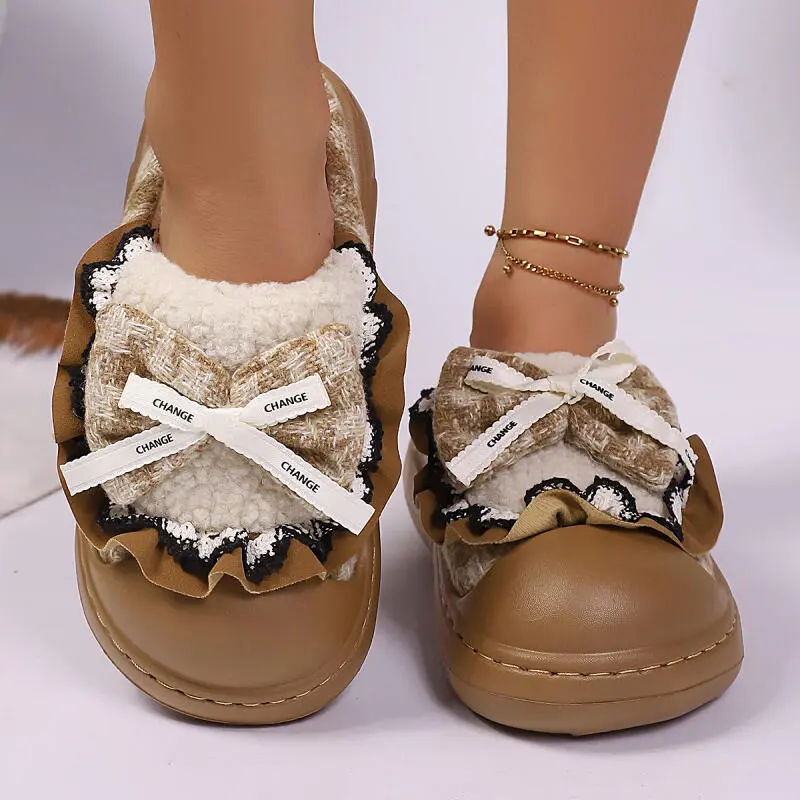 Mix Color Suede Indoor Slippers Women 2025 Winter Sweet Bowknot Furry Slippers for Women Soft Thick Bottom Non Slip Home Slides