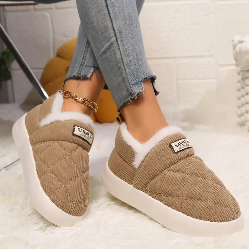 Warm Corduroy All Over Couple Slippers 2025 Winter Fashion Fur Indoor Slippers Women Comfort Soft Sole Cotton Bedroom Slides