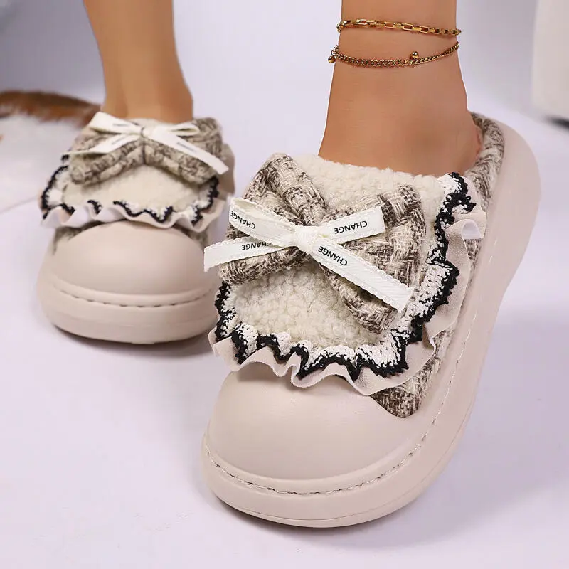 Mix Color Suede Indoor Slippers Women 2025 Winter Sweet Bowknot Furry Slippers for Women Soft Thick Bottom Non Slip Home Slides