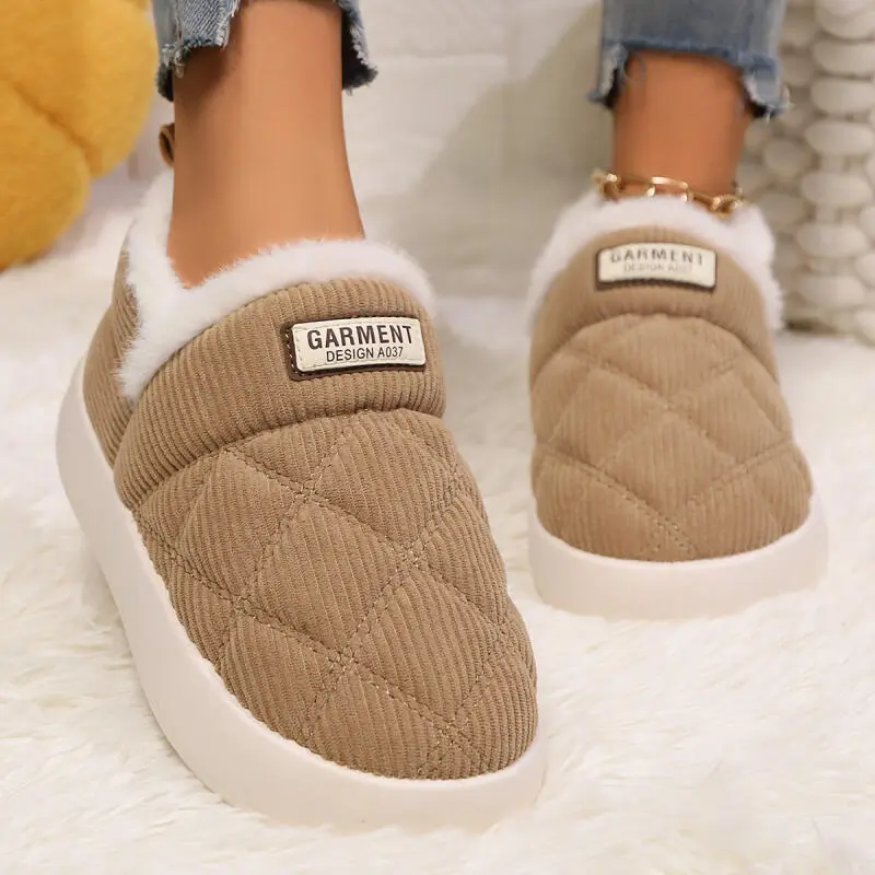 Warm Corduroy All Over Couple Slippers 2025 Winter Fashion Fur Indoor Slippers Women Comfort Soft Sole Cotton Bedroom Slides