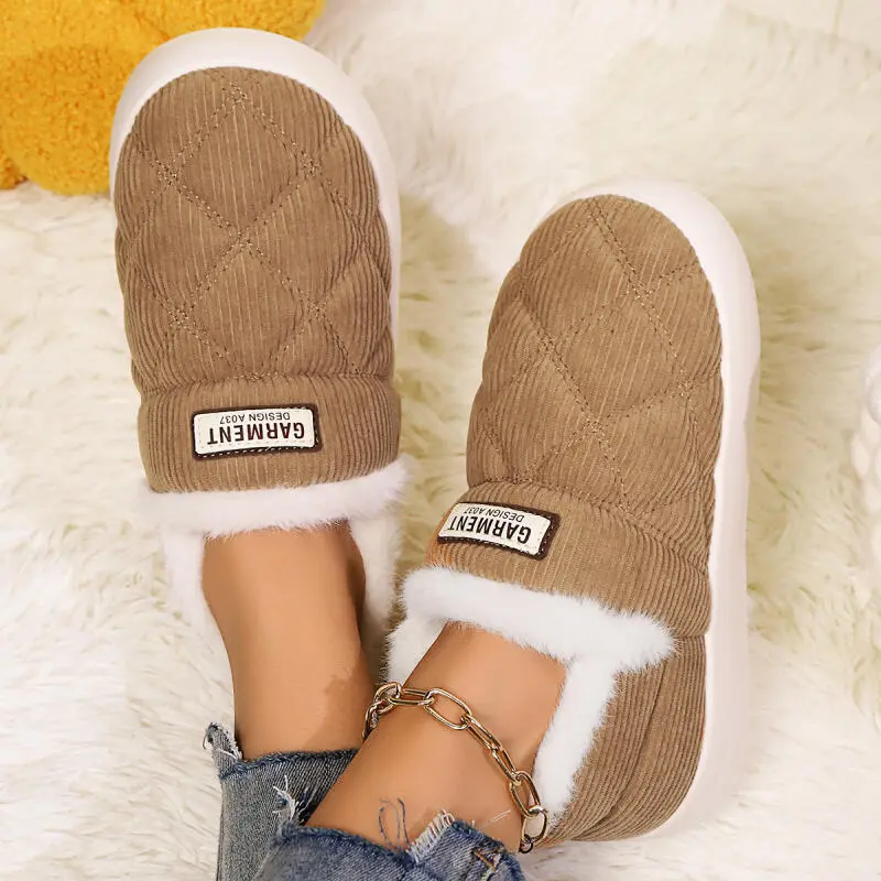 Warm Corduroy All Over Couple Slippers 2025 Winter Fashion Fur Indoor Slippers Women Comfort Soft Sole Cotton Bedroom Slides