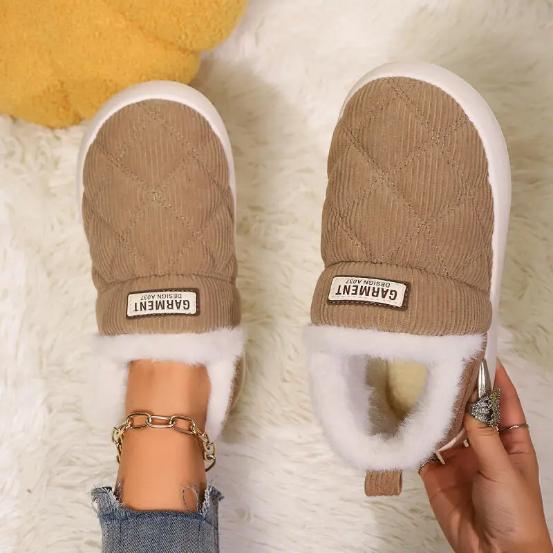 Warm Corduroy All Over Couple Slippers 2025 Winter Fashion Fur Indoor Slippers Women Comfort Soft Sole Cotton Bedroom Slides