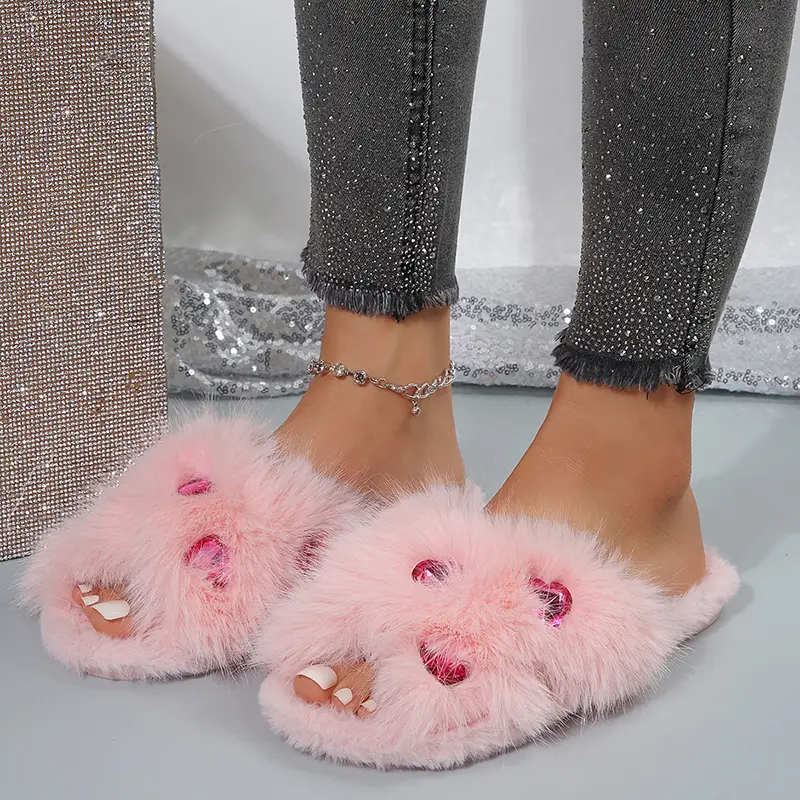 Luxury Glitter Heart Cross Strap Furry Slides Women 2025 Warm Long Plush Non Slip Indoor Slippers Comfort Flat Heel Slippers