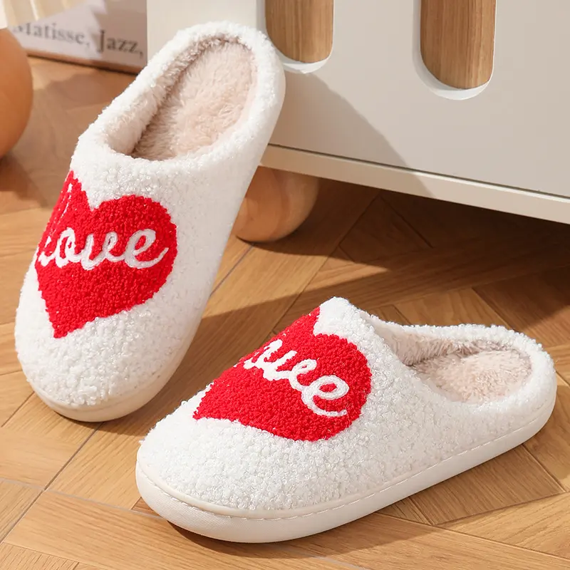 Valentine's Day Heart Embroidery Couple Slippers 2025 Winter Warm Short Plush Indoor Slippers Non Slip Bedroom Cotton Slides
