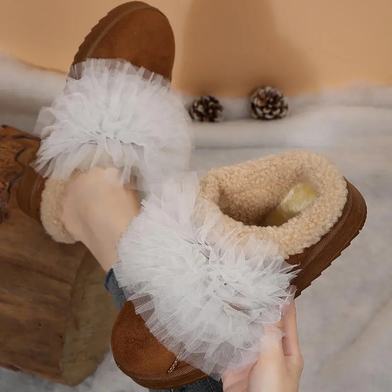 Elegant Mesh Decoration Cotton Indoor Slippers Women 2025 Winter Warm Short Plush Slides Soft Non Slip Furry Bedroom Slippers
