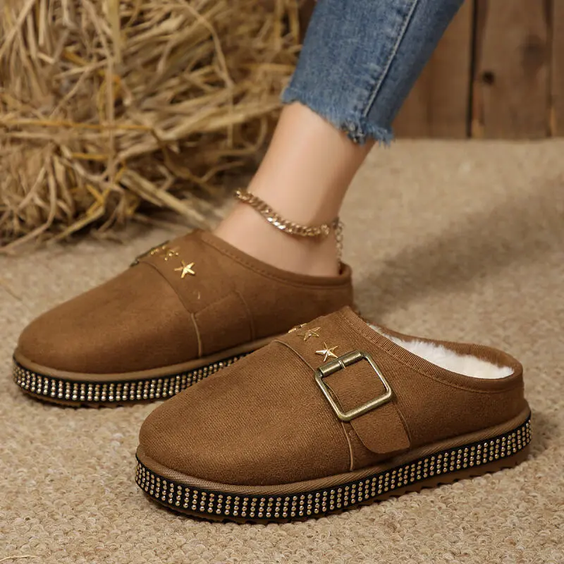 Fashion Metal Buckle Decoration Cotton Slides Women 2025 Winter Punk Glitter Star Short Plush Indoor Slippers Soft Sole Slippers