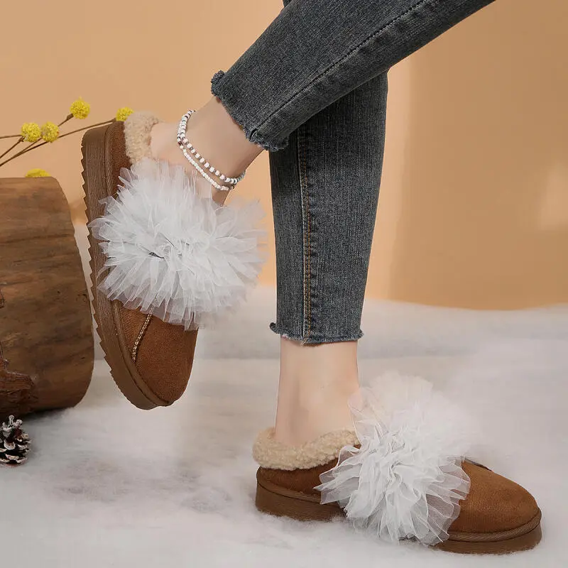 Elegant Mesh Decoration Cotton Indoor Slippers Women 2025 Winter Warm Short Plush Slides Soft Non Slip Furry Bedroom Slippers