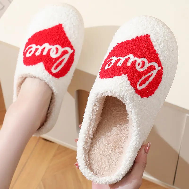 Valentine's Day Heart Embroidery Couple Slippers 2025 Winter Warm Short Plush Indoor Slippers Non Slip Bedroom Cotton Slides