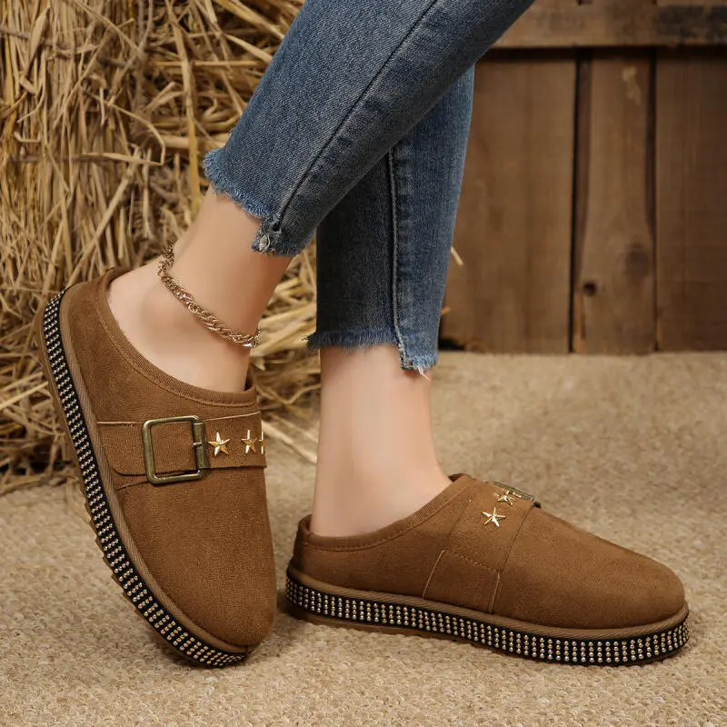 Fashion Metal Buckle Decoration Cotton Slides Women 2025 Winter Punk Glitter Star Short Plush Indoor Slippers Soft Sole Slippers