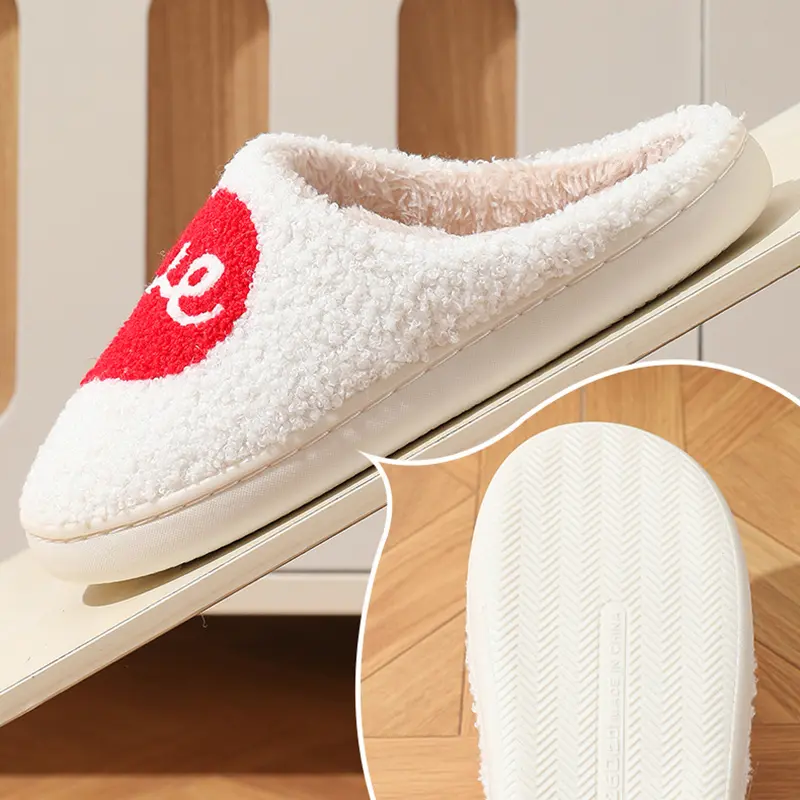Valentine's Day Heart Embroidery Couple Slippers 2025 Winter Warm Short Plush Indoor Slippers Non Slip Bedroom Cotton Slides