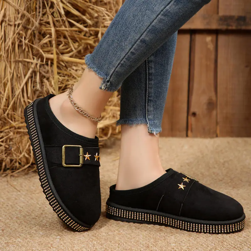 Fashion Metal Buckle Decoration Cotton Slides Women 2025 Winter Punk Glitter Star Short Plush Indoor Slippers Soft Sole Slippers