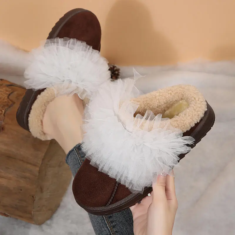 Elegant Mesh Decoration Cotton Indoor Slippers Women 2025 Winter Warm Short Plush Slides Soft Non Slip Furry Bedroom Slippers