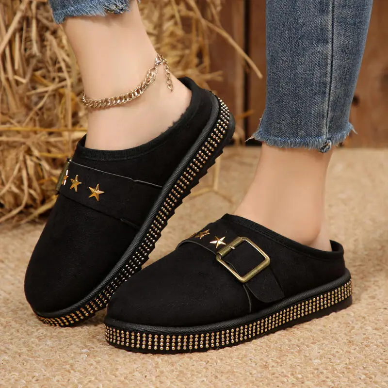 Fashion Metal Buckle Decoration Cotton Slides Women 2025 Winter Punk Glitter Star Short Plush Indoor Slippers Soft Sole Slippers
