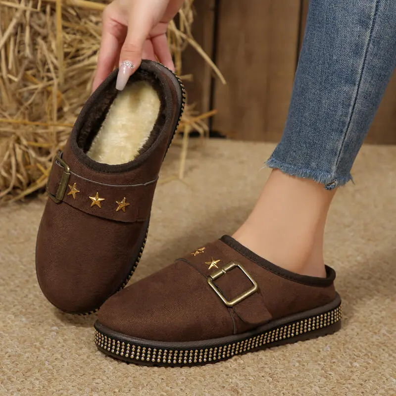 Fashion Metal Buckle Decoration Cotton Slides Women 2025 Winter Punk Glitter Star Short Plush Indoor Slippers Soft Sole Slippers