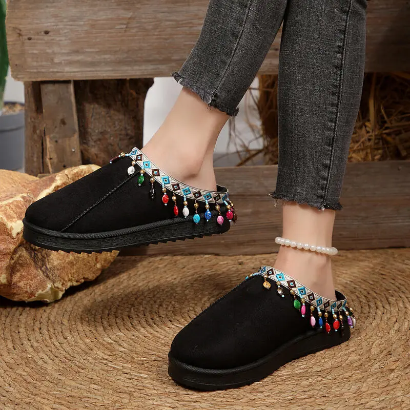 Bohemia Colorful Fringes Cotton Indoor Mules Slippers Women 2025 Winter Warm Short Plush Non Slip Slides Soft Sole Furry Slipper