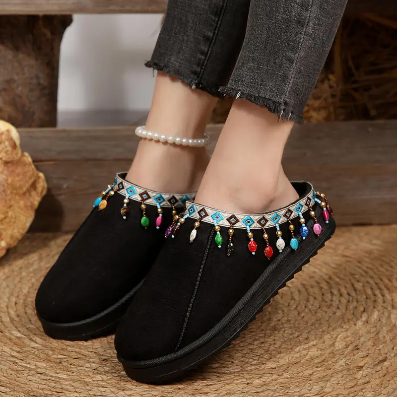 Bohemia Colorful Fringes Cotton Indoor Mules Slippers Women 2025 Winter Warm Short Plush Non Slip Slides Soft Sole Furry Slipper
