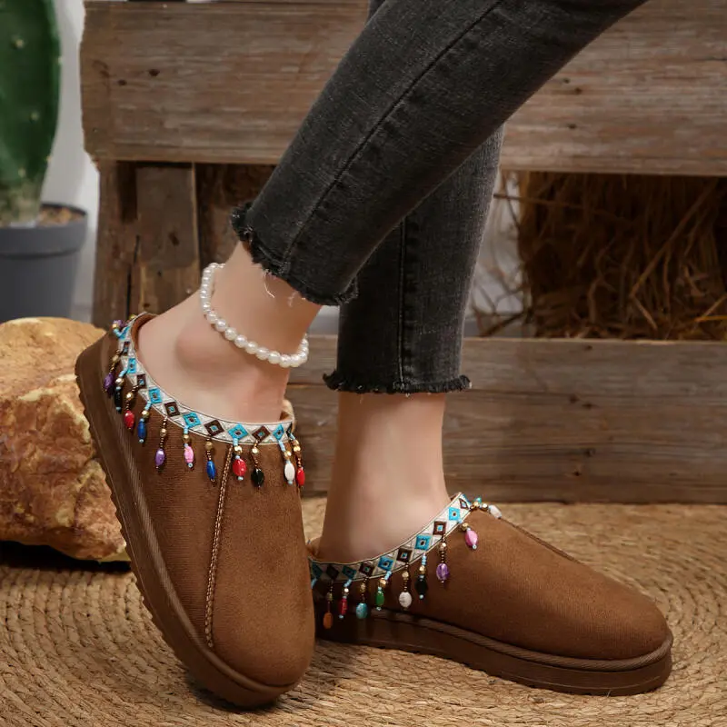 Bohemia Colorful Fringes Cotton Indoor Mules Slippers Women 2025 Winter Warm Short Plush Non Slip Slides Soft Sole Furry Slipper