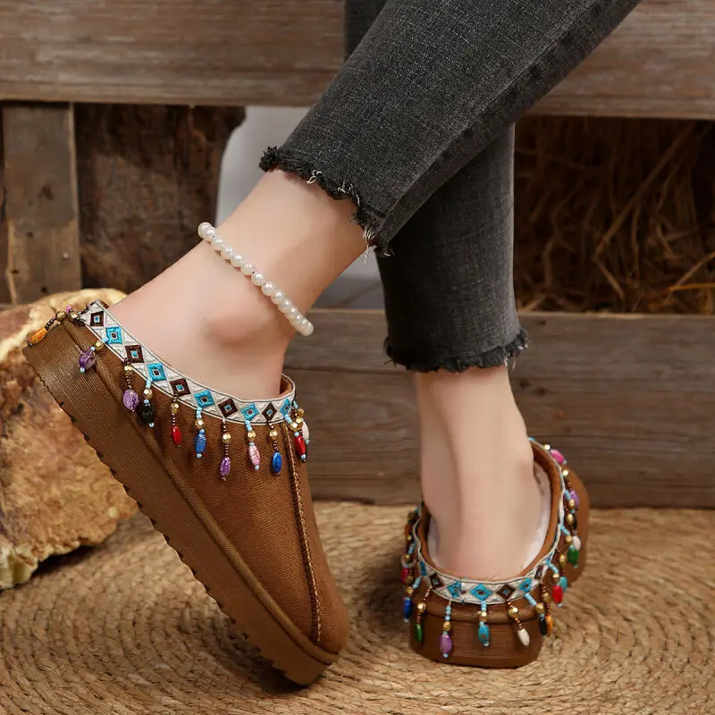 Bohemia Colorful Fringes Cotton Indoor Mules Slippers Women 2025 Winter Warm Short Plush Non Slip Slides Soft Sole Furry Slipper