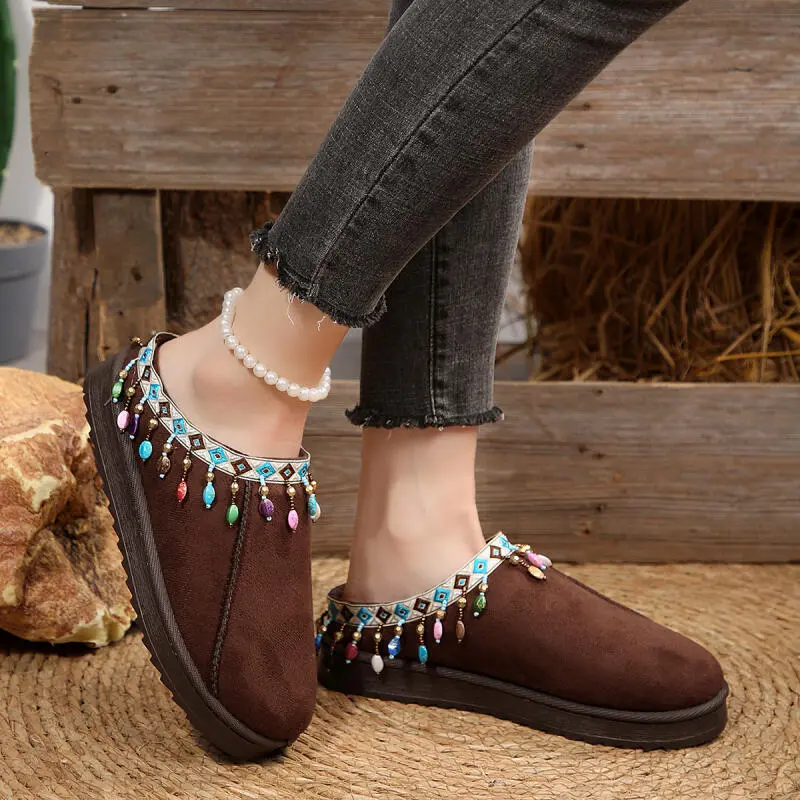 Bohemia Colorful Fringes Cotton Indoor Mules Slippers Women 2025 Winter Warm Short Plush Non Slip Slides Soft Sole Furry Slipper