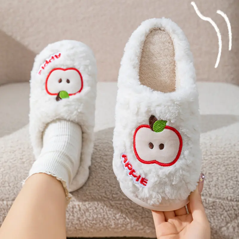 Cute Cartoon Apple Cotton Indoor Couple Slippers Women 2025 Winter Warm Plush Bedroom Slippers Comfort Fluffy Fur Home Slides