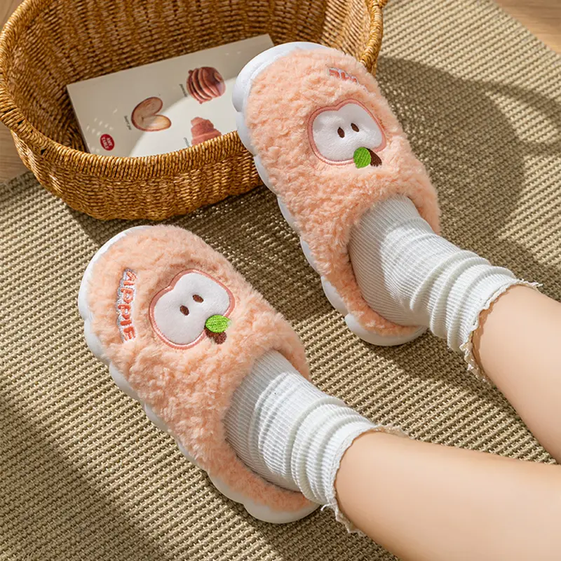 Cute Cartoon Apple Cotton Indoor Couple Slippers Women 2025 Winter Warm Plush Bedroom Slippers Comfort Fluffy Fur Home Slides