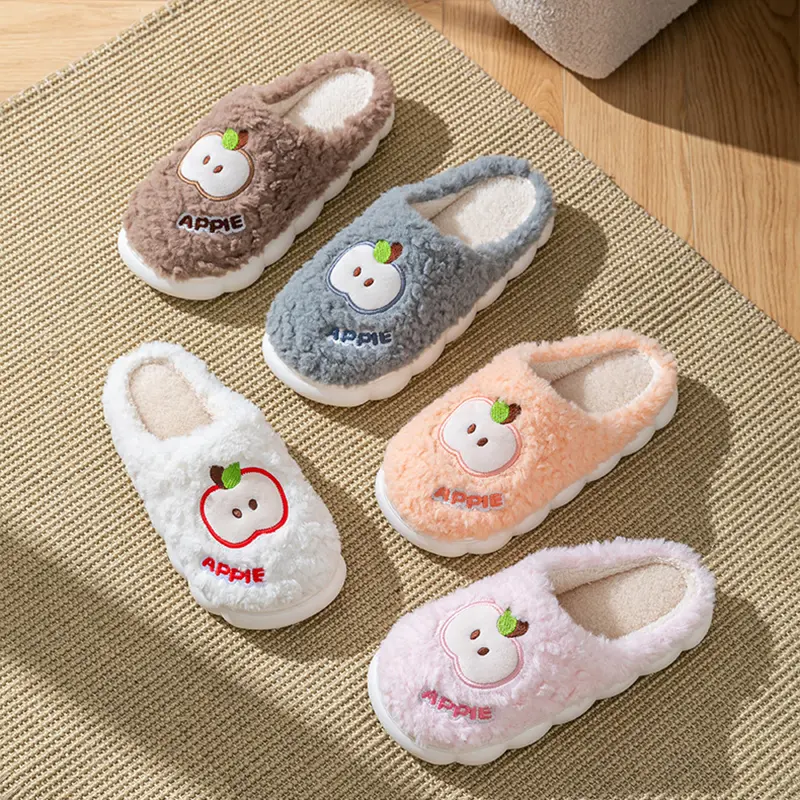 Cute Cartoon Apple Cotton Indoor Couple Slippers Women 2025 Winter Warm Plush Bedroom Slippers Comfort Fluffy Fur Home Slides