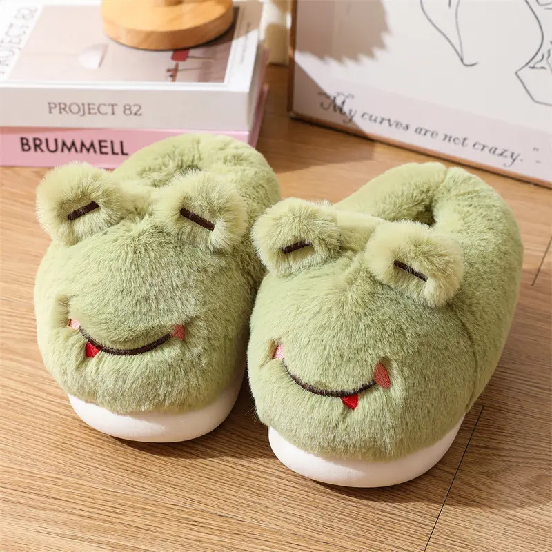 Cute Cartoon Cover Heel Cotton Slippers Women 2025 Winter Round Toe Thick Bottom Indoor Slides Warm Short Plush Couple Slippers