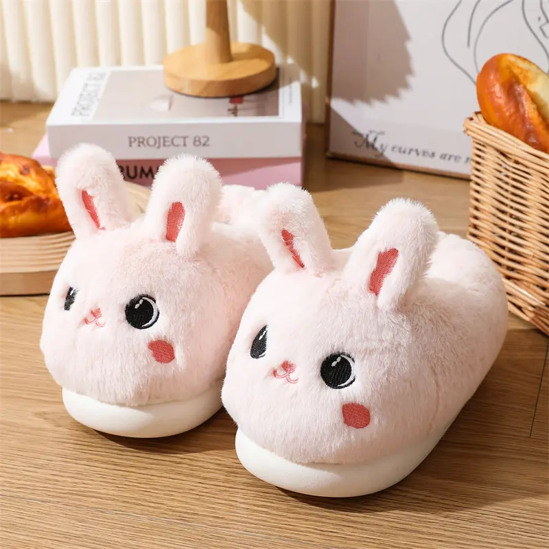 Cute Cartoon Cover Heel Cotton Slippers Women 2025 Winter Round Toe Thick Bottom Indoor Slides Warm Short Plush Couple Slippers