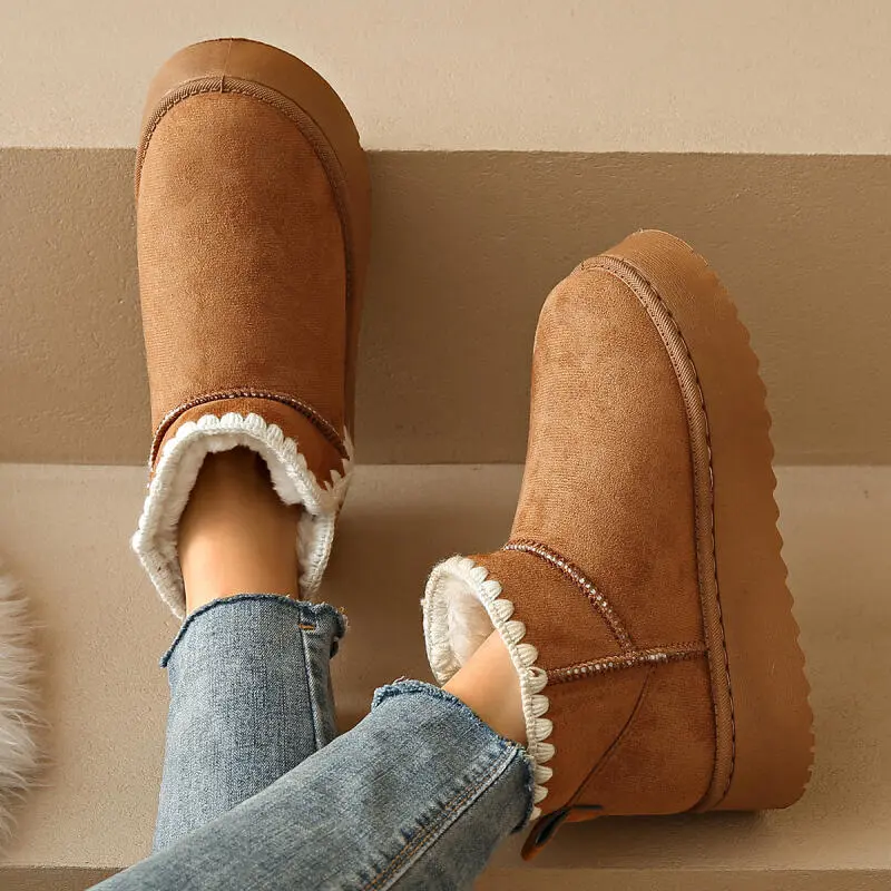 Elegant White Embroidery Thick Bottom Snow Boots Women 2025 Winter Warm Short Plush Slip On Boots Comfort Non Slip Ankle Booties