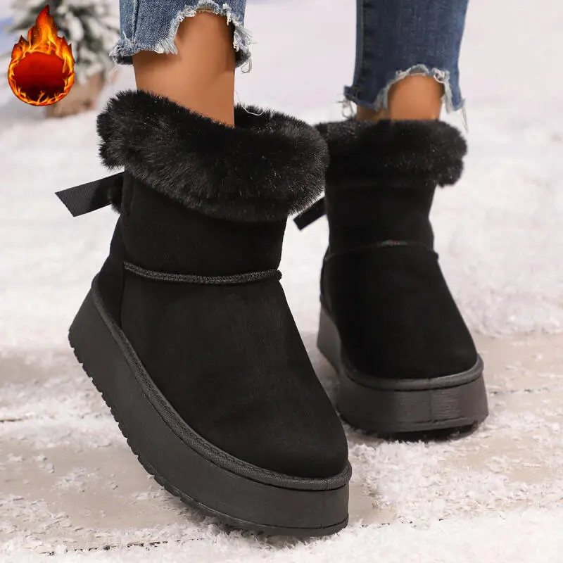 Sweet Bowknot Decoration Fur Snow Boots Women 2025 Winter Soft Thick Bottom Furry Booties Warm Short Plush Slip On Ankle Boots