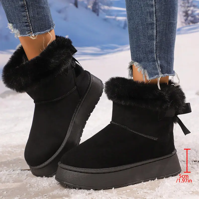Sweet Bowknot Decoration Fur Snow Boots Women 2025 Winter Soft Thick Bottom Furry Booties Warm Short Plush Slip On Ankle Boots