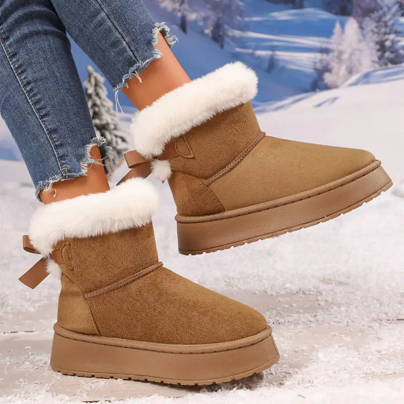 Sweet Bowknot Decoration Fur Snow Boots Women 2025 Winter Soft Thick Bottom Furry Booties Warm Short Plush Slip On Ankle Boots