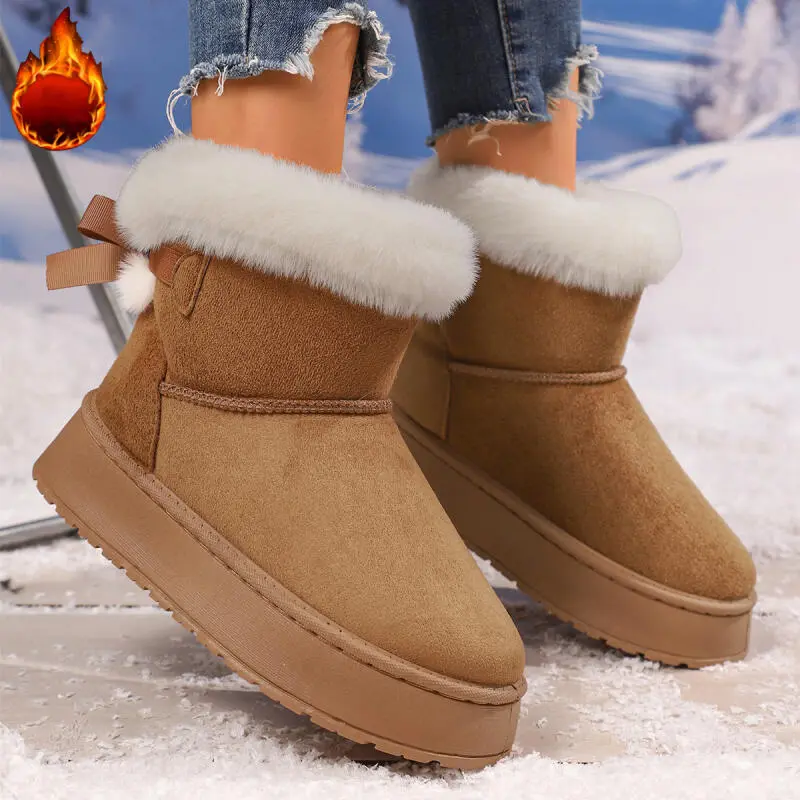 Sweet Bowknot Decoration Fur Snow Boots Women 2025 Winter Soft Thick Bottom Furry Booties Warm Short Plush Slip On Ankle Boots