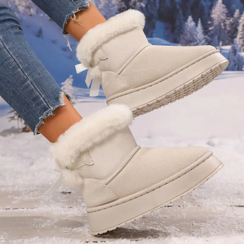 Sweet Bowknot Decoration Fur Snow Boots Women 2025 Winter Soft Thick Bottom Furry Booties Warm Short Plush Slip On Ankle Boots