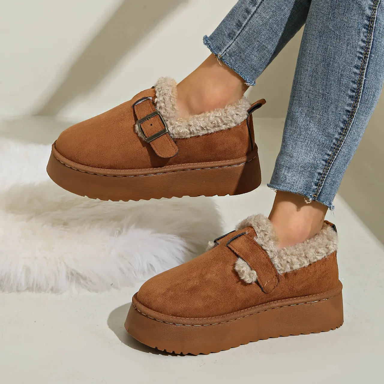 Fashion Metal Decoration Slip On Snow Boots Women 2025 Winter Warm Short Plush Ankle Boots Soft Thick Bottom Non Slip Booties