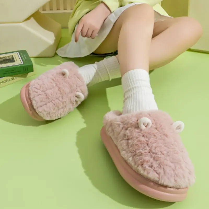 New Cotton Slippers for Women's Home Fur Slippers Casual Thick Sole Slip-on 2025 Winter Warm Slides Cute Couple Plush Slippers