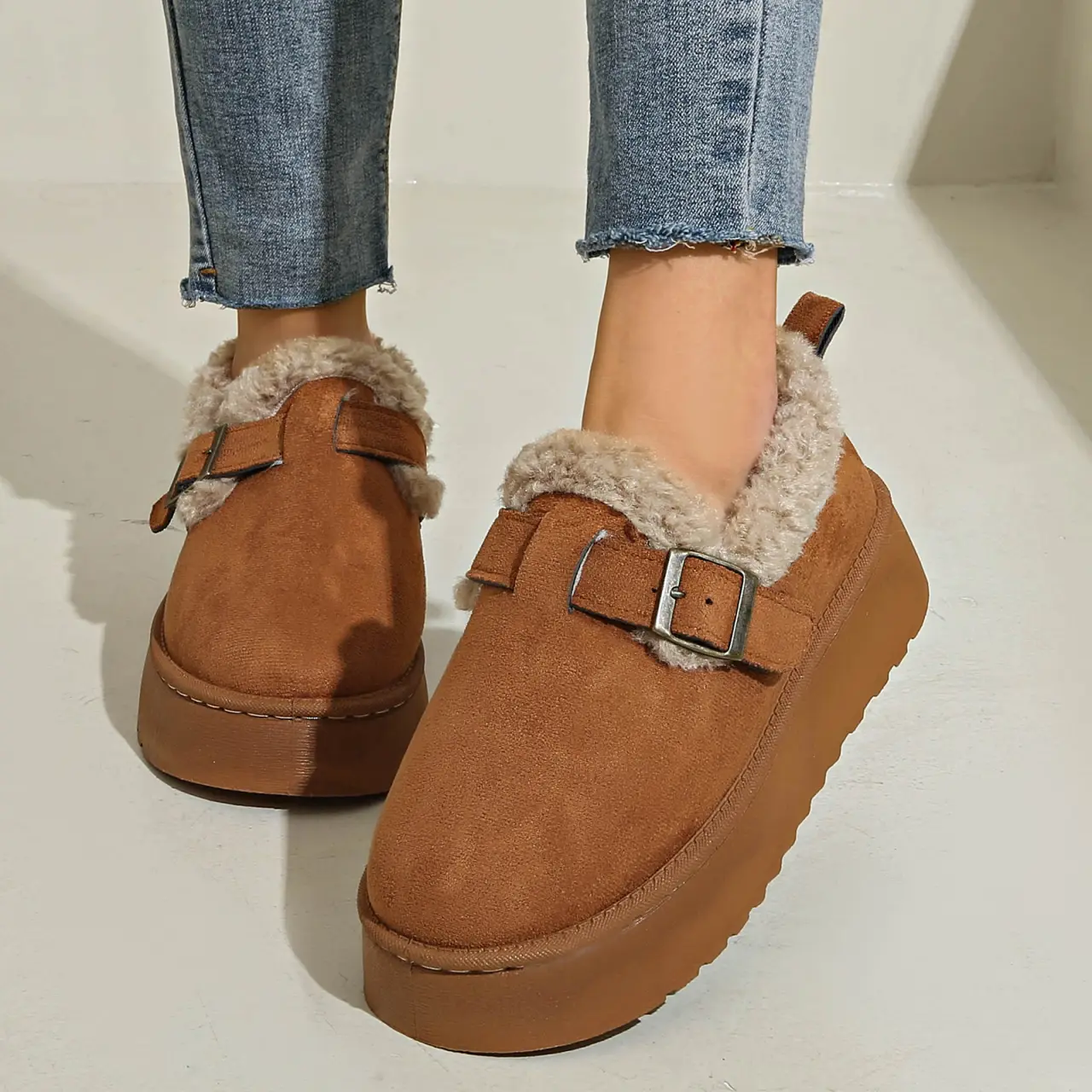 Fashion Metal Decoration Slip On Snow Boots Women 2025 Winter Warm Short Plush Ankle Boots Soft Thick Bottom Non Slip Booties